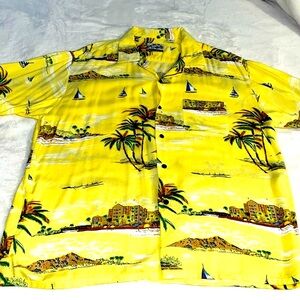 Men’s hawaiian shirt floral yellow palm trees tropical size~XL